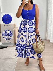 SHEIN Clasi Plus Size Square Neck Sleeveless Wide Strap Vintage Summer Casual Dress - Royal Blue - View 1