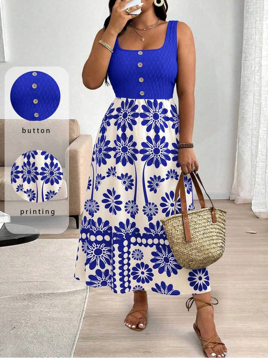 SHEIN Clasi Plus Size Square Neck Sleeveless Wide Strap Vintage Summer Casual Dress - Royal Blue - View 1