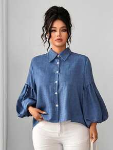 Elenzga Áo sơ mi nữ cỡ lớn tay phồng họa tiết hoa màu xanh dương mùa xuân/hè, trang phục công sở thanh lịch, hẹn hò, du lịch, áo kiểu casual tôn dáng, phù hợp cho lễ tốt nghiệp, ngày lễ, Ngày Valentine, lễ hội âm nhạc, Ngày của Mẹ, Halloween, Lễ Tạ ơn, Lễ Phục sinh, Ngày Quốc khánh, khiêu vũ, hẹn hò, tiệc tùng, đám cưới, dã ngoại. Áo kiểu màu xanh hoàng gia, áo tay phồng, áo tay đèn lồng, áo kiểu màu xanh dương cho nữ, áo sơ mi cài nút, áo sơ mi nữ mùa hè, áo sơ mi nữ mùa hè, áo sơ mi nữ, áo công sở nữ, áo nữ. - Màu xanh lam - Xem 1