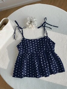Teen Girls Polka Dot Camisole Blouse, Sweet And Cute In Navy Blue Babydoll Tops Polka Dot Top Polkadottop Babydoll Tops Girls Polka Dot Bathing Suit - Blue - View 7