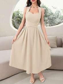 Modelyn 女款素色露背米色洋裝，優雅無袖長版晚禮服，夏季女裝常規尺寸女裙正式晚餐禮服女款舞會禮服優雅Yisikado洋裝Zeya優雅洋裝婚禮特殊場合婚禮 - 杏色 - 查看 5