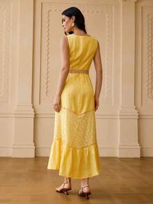 ZEYLAH 100% Linen Lace Patchwork Vacation Style Woven Belt Off Shoulder Long Dress, Spring/Summer - Yellow - View 3