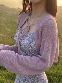 DAZY Women's Solid Color Front Tie Long Sleeve Cropped Cardigan - Purple - View 4