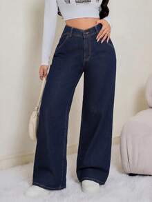 SHEIN Tall Women's Mid-Rise Straight Loose Fit Casual Jeans - Dark Wash - View 7