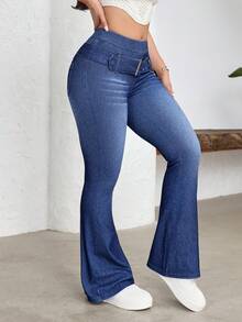 Flexra Women's Casual Washed Slim Fit Flare Jeans With Belt - Blue - View 3