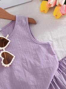 Elladie kids Bộ áo thun không tay và quần short kiểu dáng thường ngày dành cho bé gái (cỡ nhỏ), chất liệu vải có họa tiết, phối màu tương phản, gồm áo và quần short. - Màu tím - Xem 5