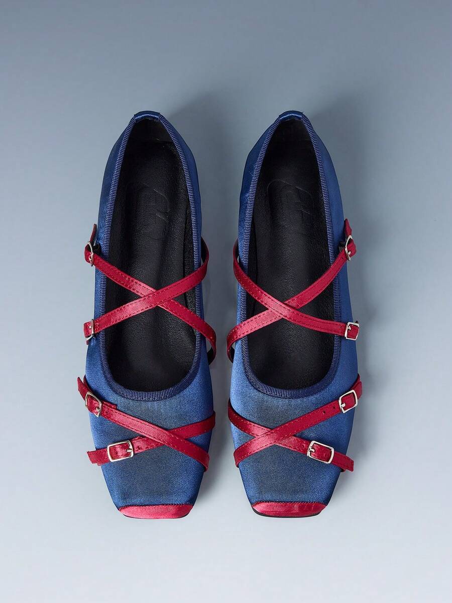 CUCCOO GRLICON Women's Flat Shoes, Square Toe Contrast Color Buckle Design Casual Flat Shoes, Motorcycle Style Outfit For Cool Girls, Suitable For Spring/Summer, Vacation, Travel, 2000s Style - dark blue - View 1