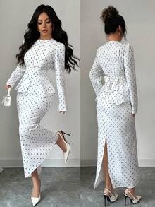 SHEIN Tall Women's Elegant Pearl Button Blouse + Split Hem Skirt 2 Pieces Set - White - View 3