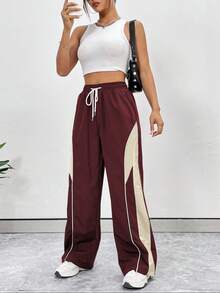 SHEIN HypeZone 女士夏季抽绳腰带口袋拼接休闲运动裤，休闲抽绳设计，带口袋，侧条纹自然直筒宽松长款红色长裤，适合日常休闲穿着、学院风、毕业季、休闲旅行，深红色 - 火焰紅 - 查看 5