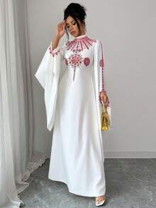 Elenzga 女士新款时尚优雅中东风复古法式立领金色印花开襟下摆系带蝙蝠袖白色长裙，适合通勤、圣诞节、新年、街头风、法式浪漫、休闲、中东复古风、下午茶聚会、派对、感恩节、返校季、秋冬季等场合。 - 紅色 - 查看 3