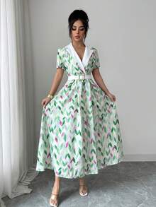 SHEIN Elenzya Elegant Romantic Tailored Collar Waist Splicing A-Line Dress, Suitable For Resort & Countryside - Multicolor - View 6