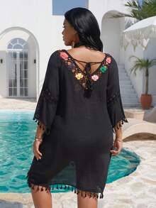 Swim Lushoire Plus Size Handmade Colorful Crochet Lace Long Sleeve Beach Cover Up - Black - View 2