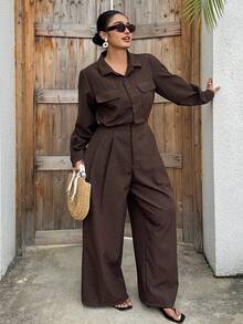 Dazy Plus Women's Loose Business Casual Lightweight Jumpsuit With Large Pockets, Brown, Suitable For Spring And Summer Office, Street Wear - Brown - View 5