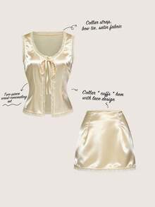 SHEIN ChicEase 女士夏季两件套，V领无袖开襟，蝴蝶结装饰，撞色荷叶边，高腰短裙，松紧腰，缎面面料，休闲时尚的年轻风格缎面裙装套装，女士套装，派对服装，丝滑睡裙，缎面睡裙，黄色连衣裙，丝滑连衣裙，缎面连衣裙，缎面迷你裙套装，蕾丝边上衣和裙子，奶油色缎面套装，女士两件套，优雅夏季套装 - 杏色 - 查看 3