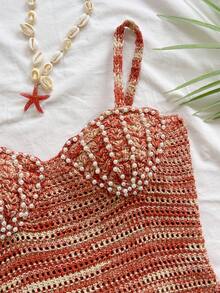 Soleia Vestido mini ajustado con tirantes de espagueti, bajo con flecos y con forma de concha, adecuado para la playa, la isla, las vacaciones, el estilo bohemio, vintage y festivo - Multicolor - Ver 3