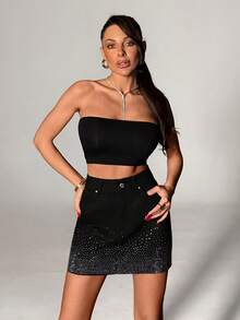 SHEIN Komplett mit Strass verziert, bequem, 100% Baumwolle, Mini Jeansröcke - Schwarz - Übersicht 5