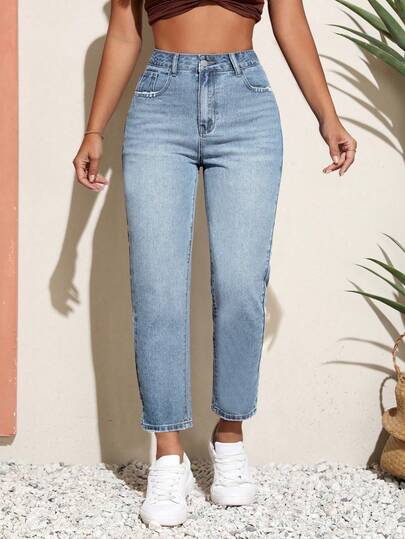 Breezaya Plus Size Women High Waist Pocketed Tapered Casual Versatile Jeans