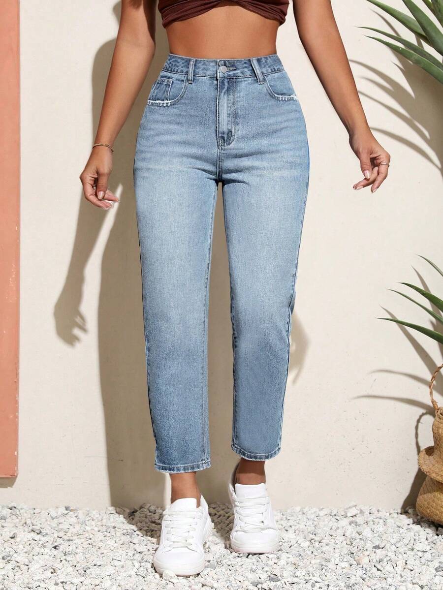 Breezaya Quần jean ống côn cạp cao có túi dành cho nữ cỡ lớn, dễ mặc, đa năng - Màu xanh lam - Xem 1
