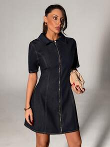 Summer Casual Front Zipper Denim Dress - Dark Wash - View 5