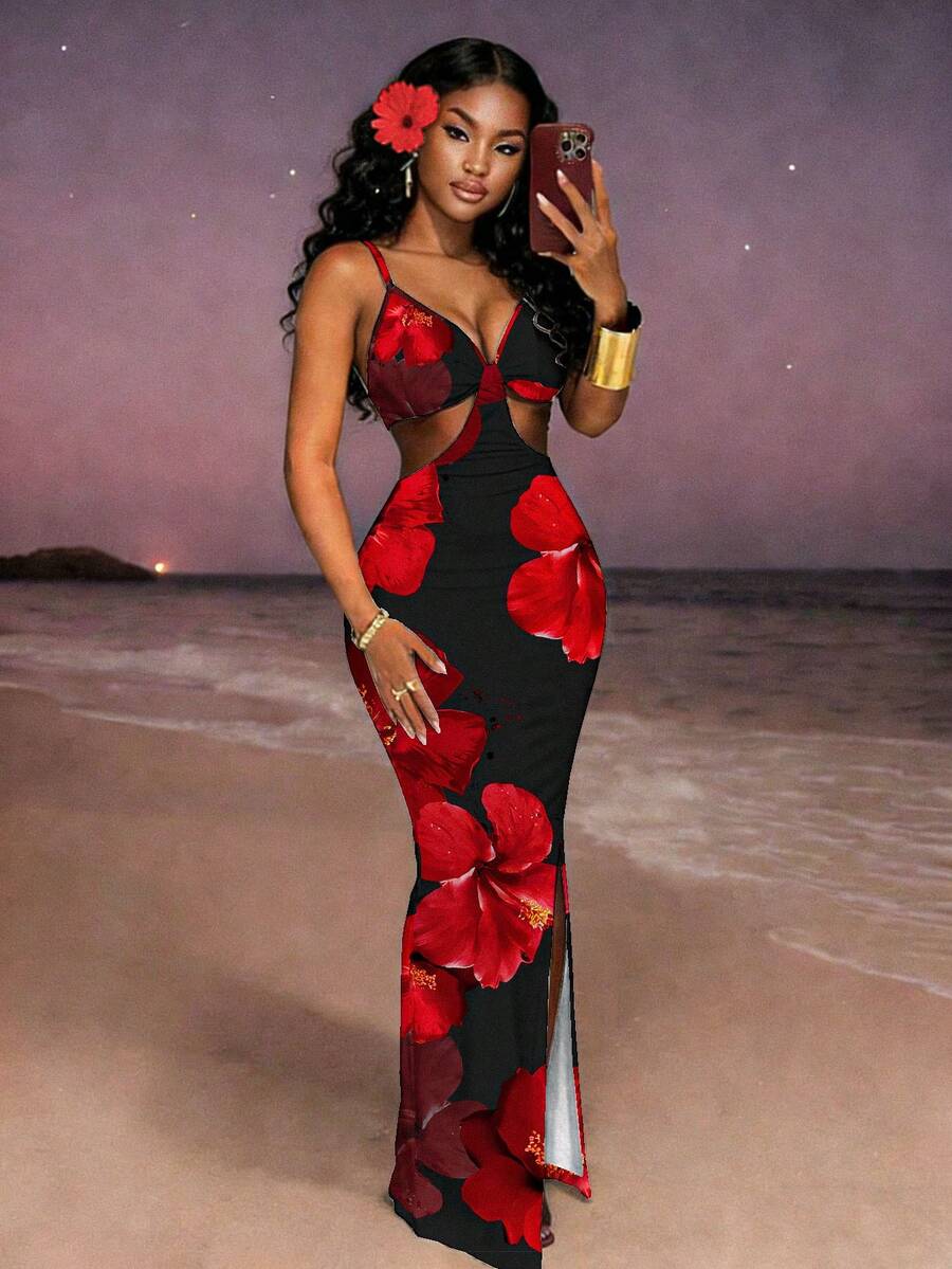 Slaydiva Vestido largo casual de mujer con estampado floral, adecuado para el verano