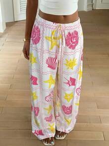 Aloruh 女士休闲贝壳海星印花长裤，适合度假穿着 - 粉色 - 查看 5
