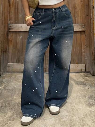 Dazy Plus Quần jeans nữ dáng dài ống rộng, màu xanh đậm cổ điển, cỡ lớn, thích hợp cho mùa xuân và mùa thu.