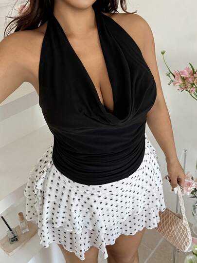 SHEIN EZwear Plus Size Women Solid Color Plunging Neck Sexy Fashion Halter Camisole