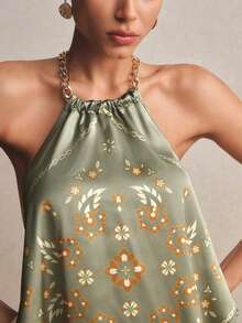 Poéselle Top de mujer sin espalda sin mangas de seda de verano con cadena tipo halter, top vintage de flores tropicales boho verde para fiesta de té, ropa de vacaciones y playa resort - Verde - Ver 1