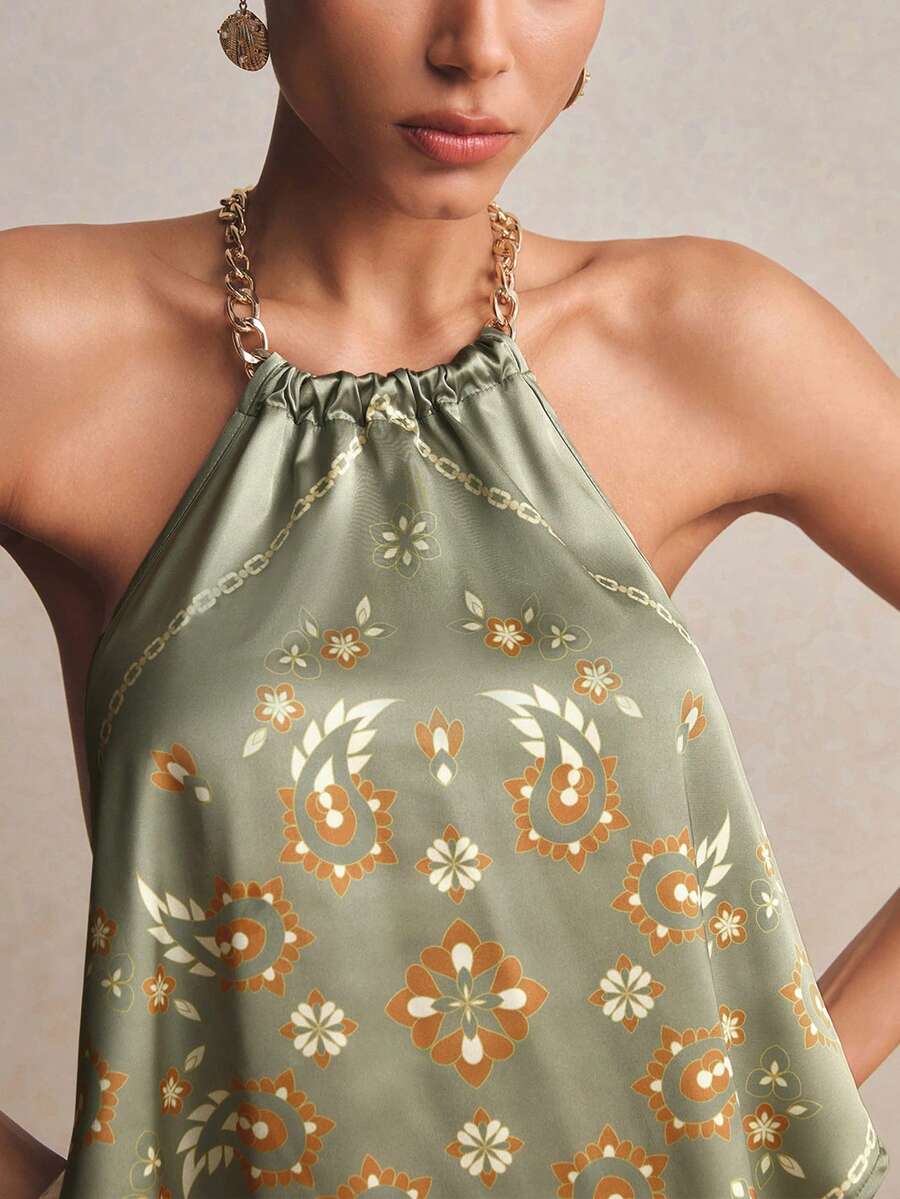Poéselle Top de mujer sin espalda sin mangas de seda de verano con cadena tipo halter, top vintage de flores tropicales boho verde para fiesta de té, ropa de vacaciones y playa resort - Verde - Ver 1