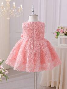 SHEIN Váy bé gái dáng chữ A họa tiết hoa nơ 3D màu hồng nhạt, váy công chúa hoa nữ dễ thương thanh lịch cho mùa hè, dùng cho tiệc vườn và các dịp đặc biệt - Hồng - Xem 2