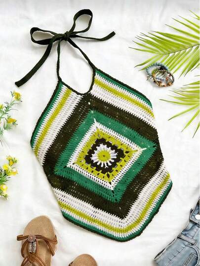 Trelyra Vacation Beach Contrast Color Backless Halter Knit Top