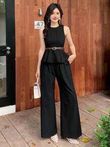 DAZY Women's Sleeveless Round Neck Ruffle Hem Solid Color Long Tank Top 2 Pieces Set, Summer Short Sets For Women - Black - View 3