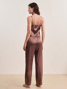 Hourtrue Eyelash Lace Trim Satin Cami Top & Knot Pants PJ Set / Pajama Set - Coffee Brown - View 2