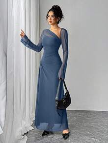 Siren Gaze Women's Solid Color Ruffle Mesh Elegant Cinched Waist Dress For Party - Dusty Blue - View 5