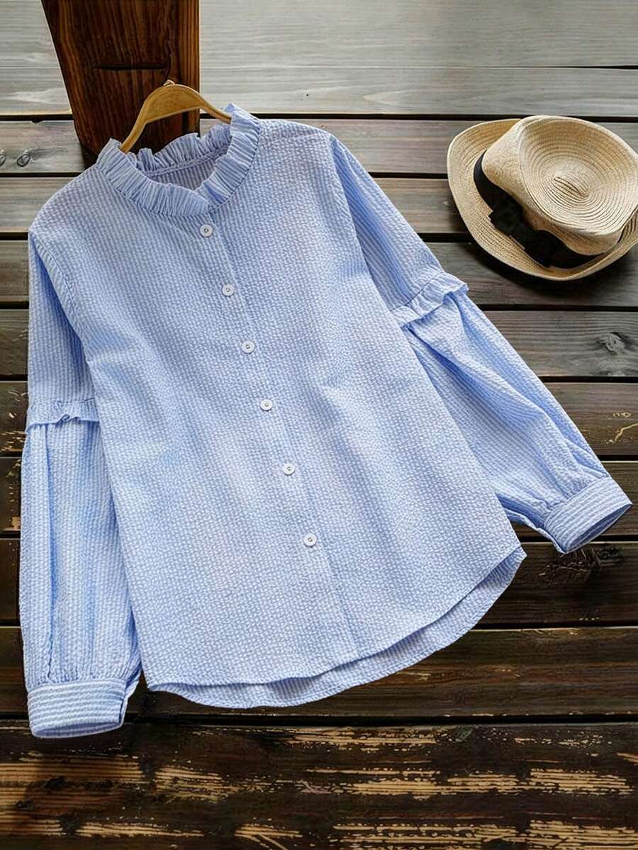 Omancia 女士休闲条纹荷叶边领纽扣灯笼袖修身衬衫，适合夏季郊游、约会、新年、情人节、复活节、母亲节、音乐节、中东婚礼以及优雅浪漫的假期穿着。 - 淺藍色 - 查看 1