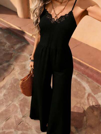 GlowEve Women's Casual Pleated Loose Straight Jumpsuit, Adjustable Straps, Spring/Summer, Elegant Contrast Lace Wide Leg Pants