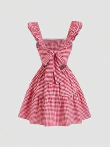 Sweetra 美式学院风红色复古格子短袖露背系带修身夏季简约纯少女休闲迷你连衣裙 - 紅色 - 查看 1