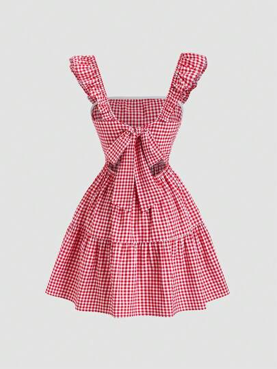 Sweetra American College Style Red Retro Plaid Cap Sleeve Backless Tie Design Fitted Slim Summer Minimalist Pure Girly Casual Mini Dress For Women