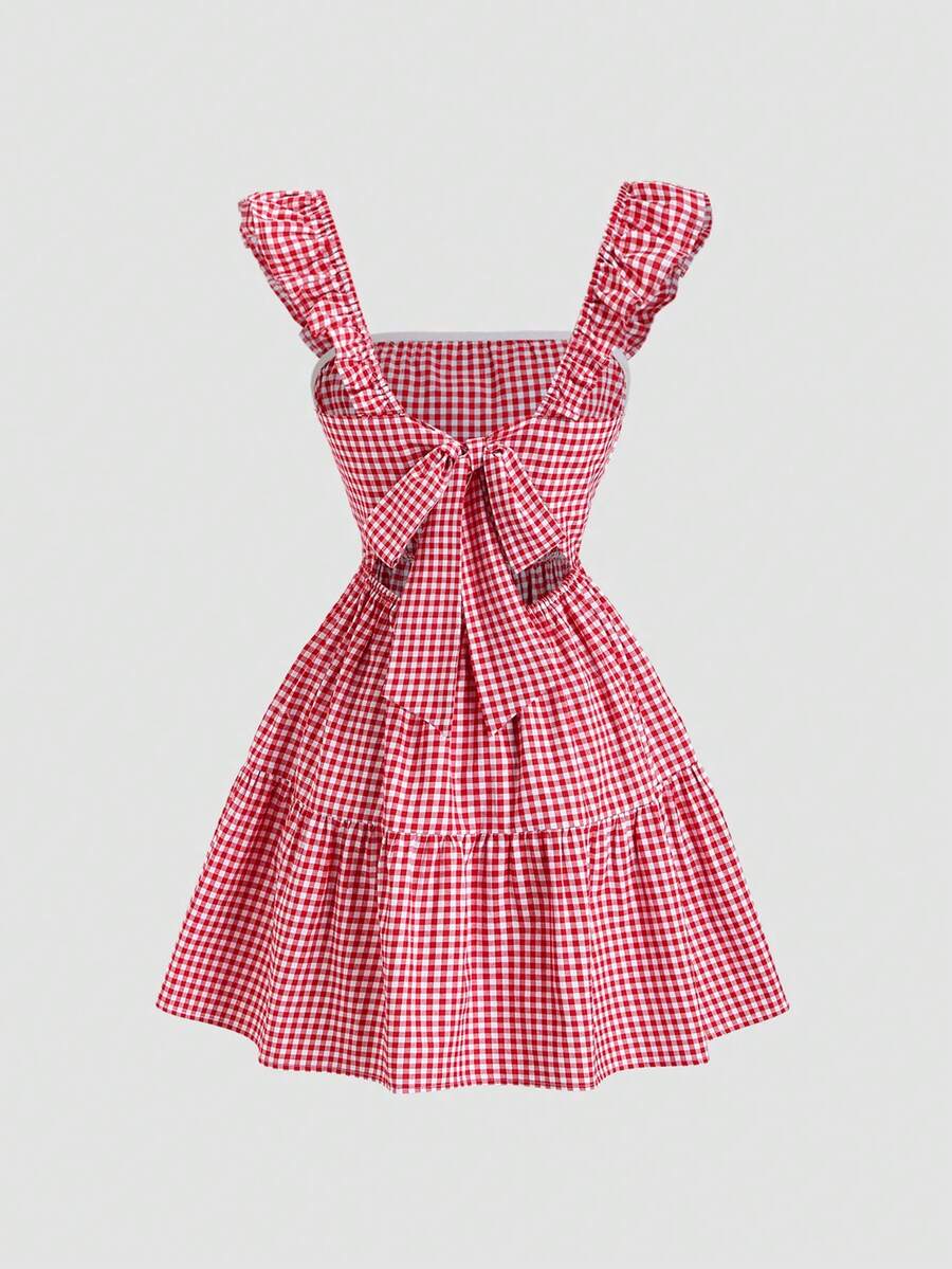 Sweetra 美式学院风红色复古格子短袖露背系带修身夏季简约纯少女休闲迷你连衣裙 - 紅色 - 查看 1