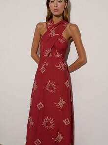 Nöista Women's Vacation Halter Neck Embroidered Crisscross Dress - Red - View 5
