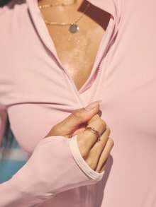 Aralina Áo tập thể dục dài tay phối màu tương phản dành cho nữ, có khóa kéo và lỗ xỏ ngón cái. - Hồng - Xem 4