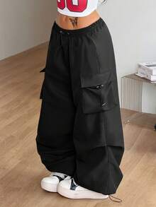 SHEIN Coolane Petite Quần thể thao nữ dáng nhỏ nhắn mùa hè, phong cách đường phố, thường ngày, dự tiệc, có túi hộp, cạp chun, màu đen, kiểu quần rộng thùng thình, quần ống rộng có dây rút, quần thể thao cạp cao ôm sát, phù hợp với dáng người nhỏ nhắn. - màu đen - Xem 3