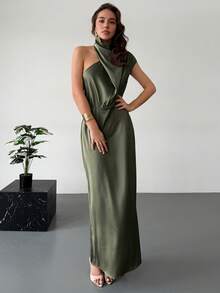 Aloruh Nuevo vestido de satén asimétrico de primavera/verano con cuello mao, cintura ceñida y elegante, vestido de invitada de boda, vestido de trabajo elegante, vestido de fiesta de noche, vestido verde para el Día de San Patricio, vestido verde militar, vestidos de lujo verde oscuro para mujer, vestido largo de cuello alto verde menta, vestido formal elegante, vestidos casuales largos clásicos para mujer, vestidos de verano para mujer - Verde - Ver 7