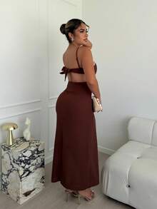 Maria Perezxox Robe d'été à bretelles dos nu avec pétales, style floral 3D, tenue de vacances pour femme, tenues de plage, robes d'été pour femmes - Tabac - Voir 2