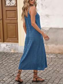 Brillora Urlaubs-Einfarbiges, gewebtes Spaghetti-Träger-Strukturiertes Midi-Kleid - Graublau - Übersicht 2
