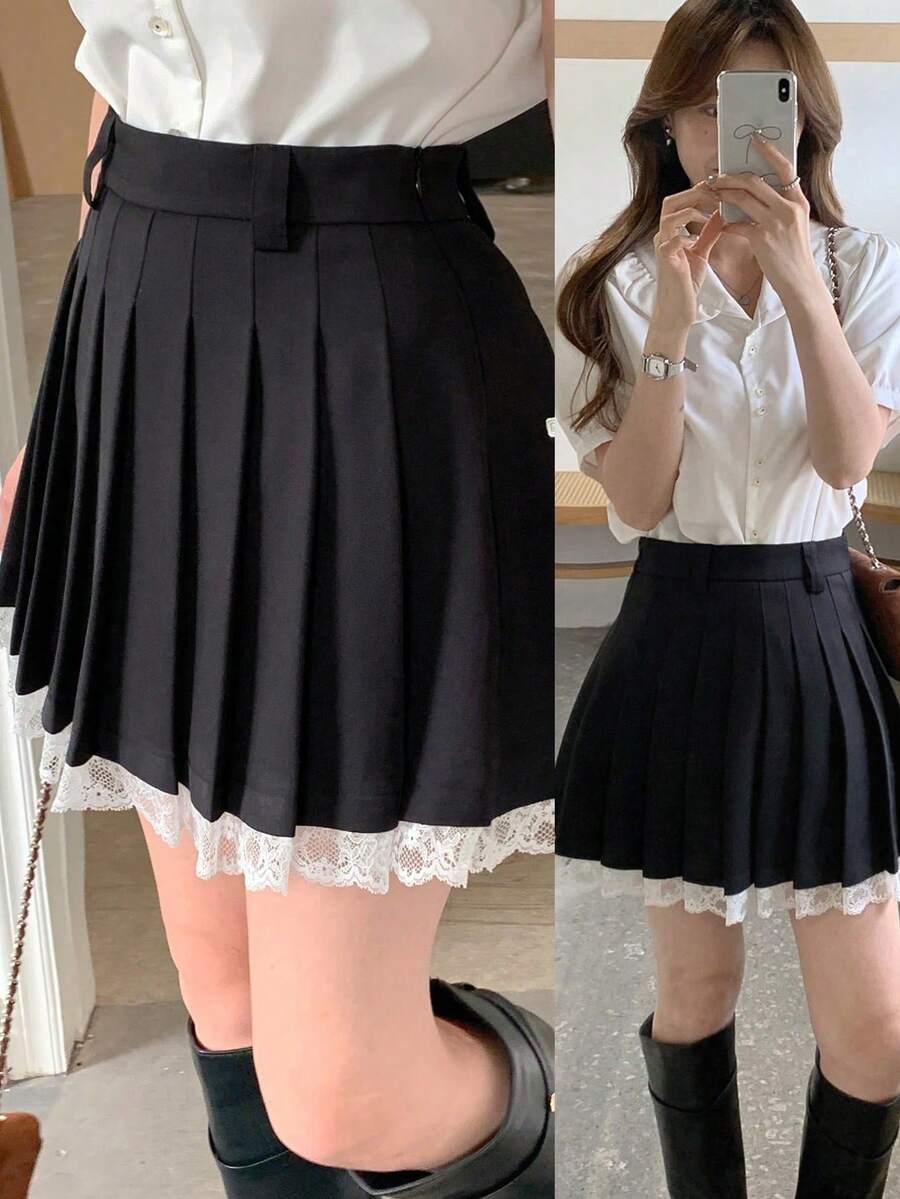 DAZY Women's Elegant Contrast Lace Pleated A-Line Skirt, Suitable For Office Commute In Summer - Black - View 1