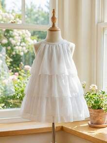 SHEIN Vestido de chifón sin mangas para niñas pequeñas en verano, color blanco puro, dulce y elegante, adecuado para fiestas, banquetes, bodas y vacaciones - Blanco - Ver 8
