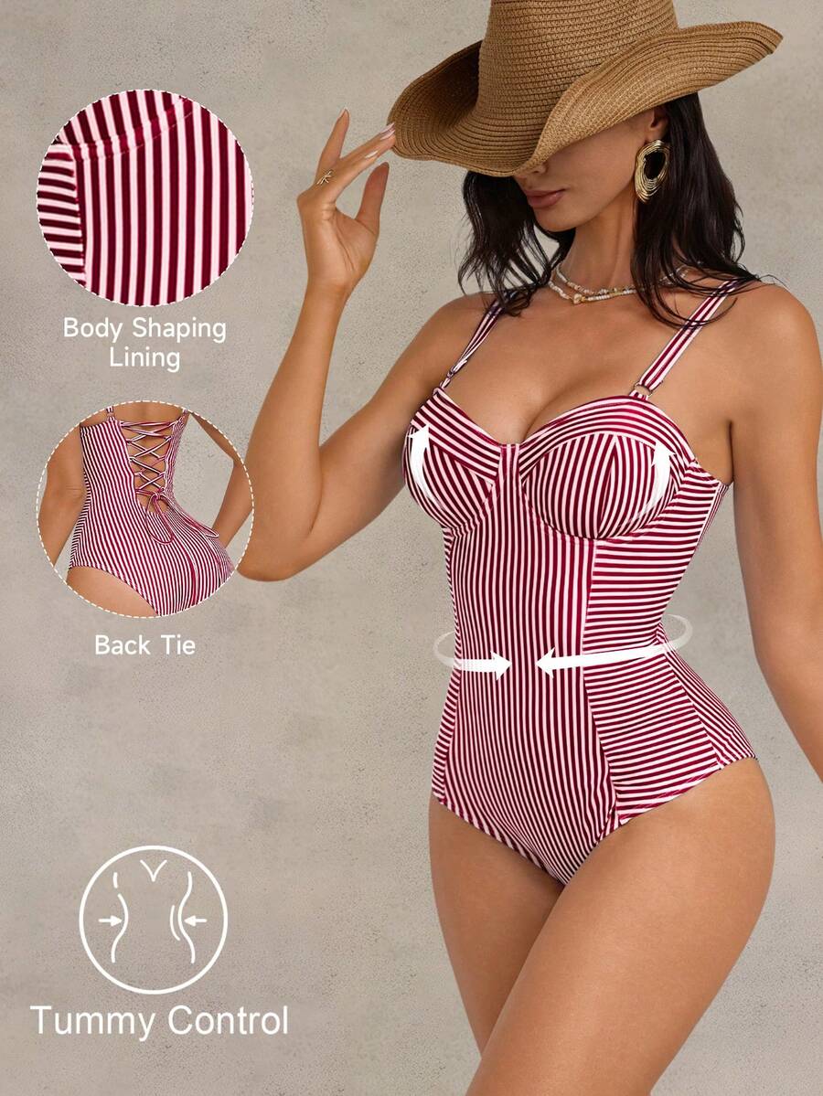 Shapewave Women's Red And White Stripe Summer Conservative Beach One-Piece Swimsuit,Tummy Control Push-Up Bathing Suit,Patchwork Drawstring Backless Back Tie - Red and White - View 1