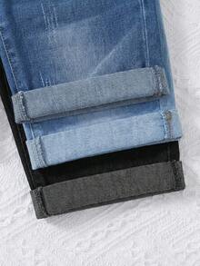 SHEIN Set de 3 pantalones cortos elásticos de mezclilla negros, azul marino y azul claro para niños - Multicolor - Ver 5