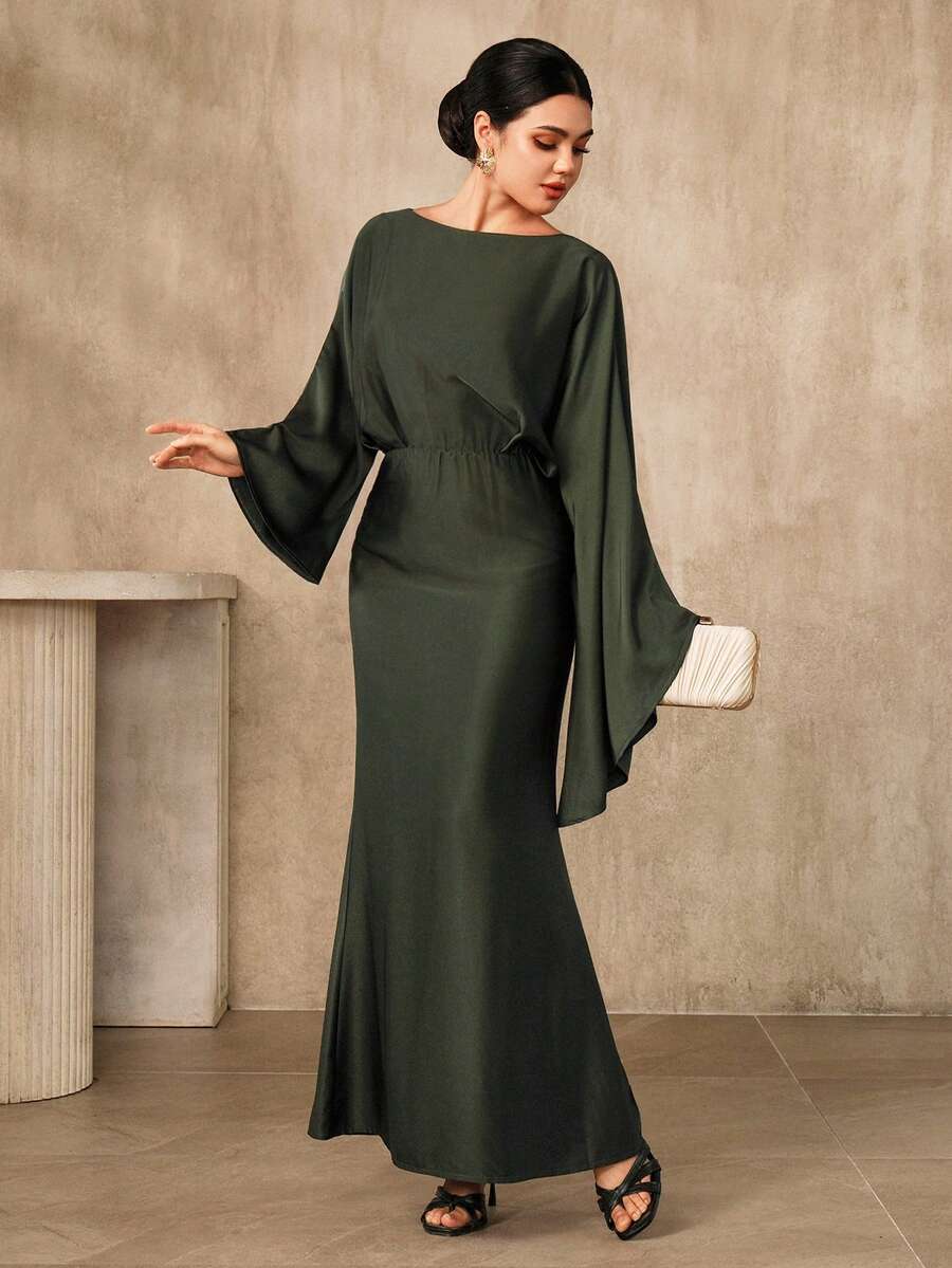 Graceveil Robe évasée à manches évasées de couleur unie élégante pour femme. Robes de luxe pour femmes, robe chic pour femmes, tenue de soirée élégante pour femmes, robes longues avec manches, robe élégante et luxueuse - Vert sapin - Voir 1